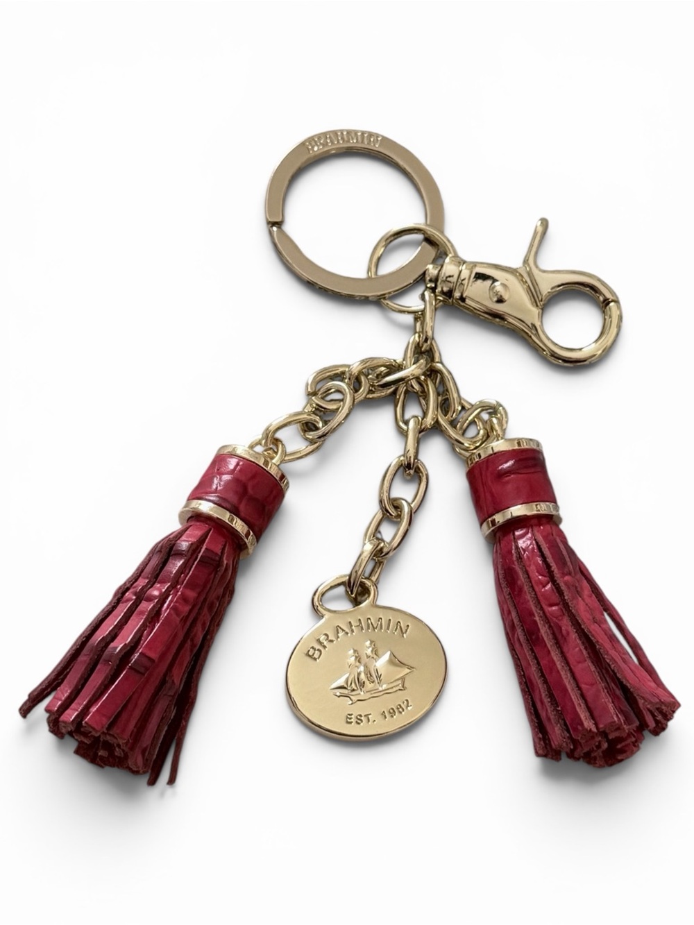 Brahmin Red Leather Double Tassel Keyring Bag Charm with Gold Hardware